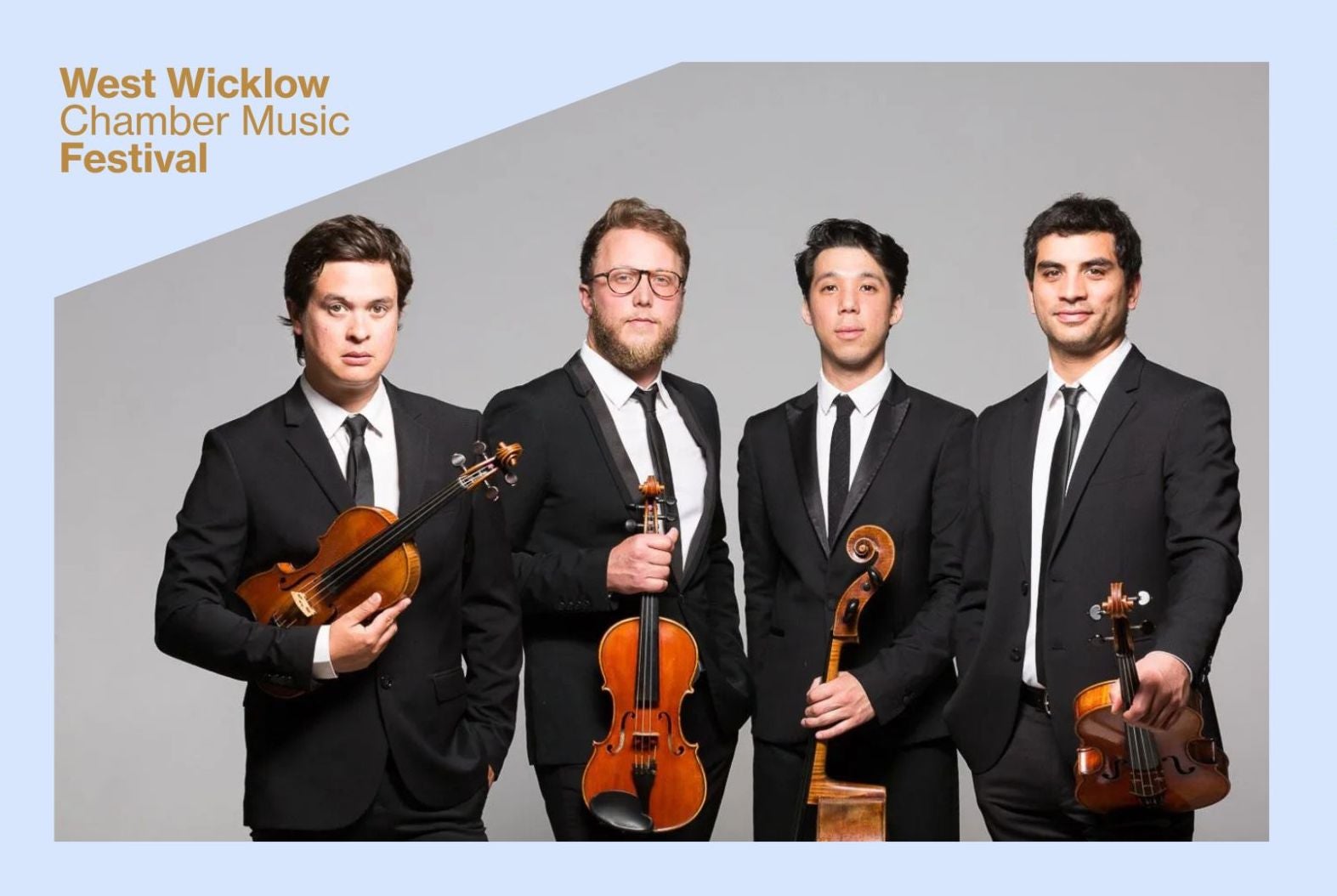 Quatuor Van Kuijk, a group of 4 men in black suits and ties, holding stringed instruments against plain grey background.