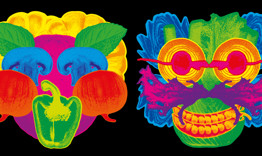 2 faces made up from colourful various vegetables against black background.