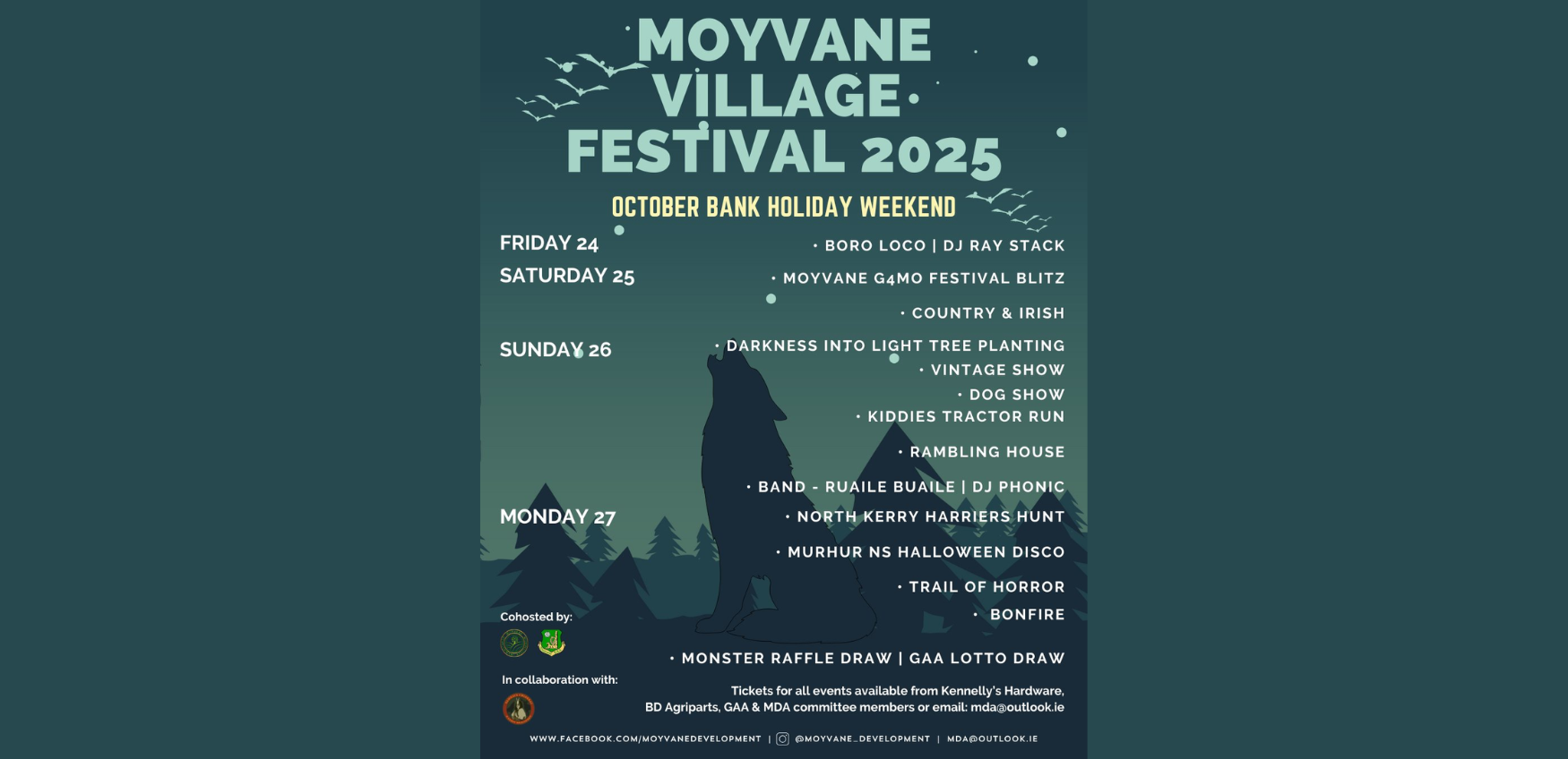 Moyvane Village Festival runs Oct 24–27 with music, poetry, sport, and family fun. Highlights include Gabriel Fitzmaurice’s evening of songs and verse at Marian Hall. A celebration of local culture and community spirit.