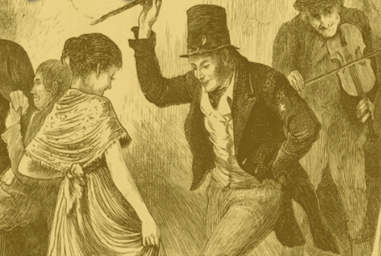 Part of old picture in grey and yellow of man and woman dancing to man playing fiddle behind.