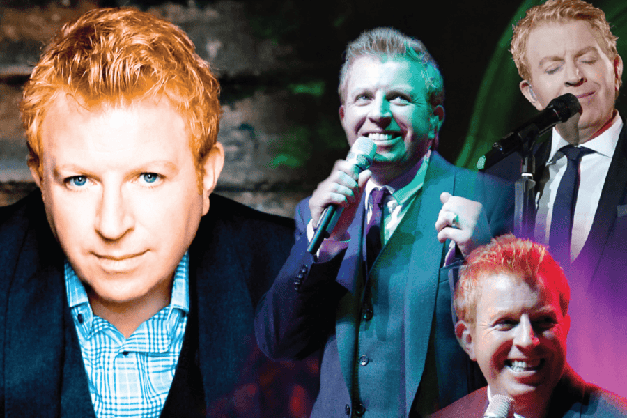 Various images of the same man smiling or singing into a mic