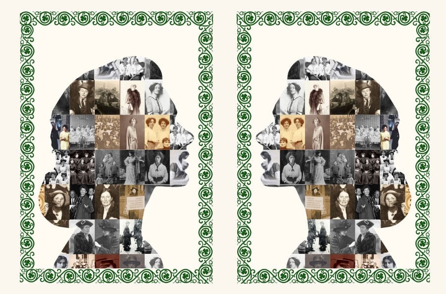 Side profile of woman's head filled with small old photos of women in history, Images reproduced courtesy of the National Library of Ireland & George Grantham Bain Collection, Library of Congress, Prints & Photographs Division