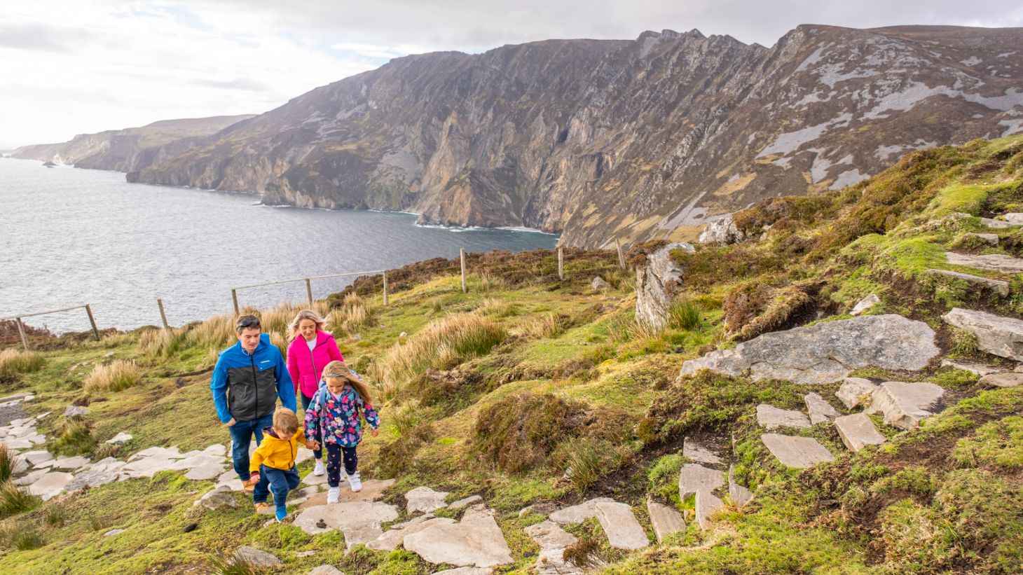 A young family hiking at Sliabh Liag Cliffs (Slieve League), Donegal