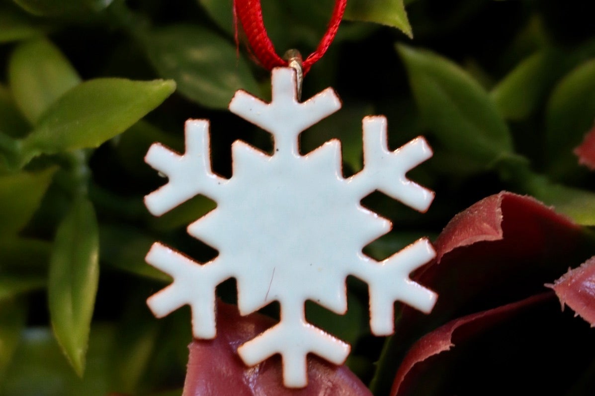 A white enamelled decoration in the shape of a snowflake with dark leaves in the background.