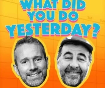 2 smiling heads of men against orange background with blue text.