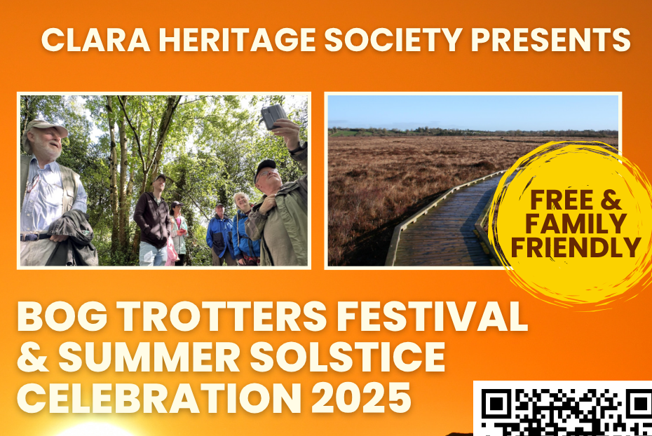 Part of poster with orange background with 2 photos from Bog Trotters Festival 2025