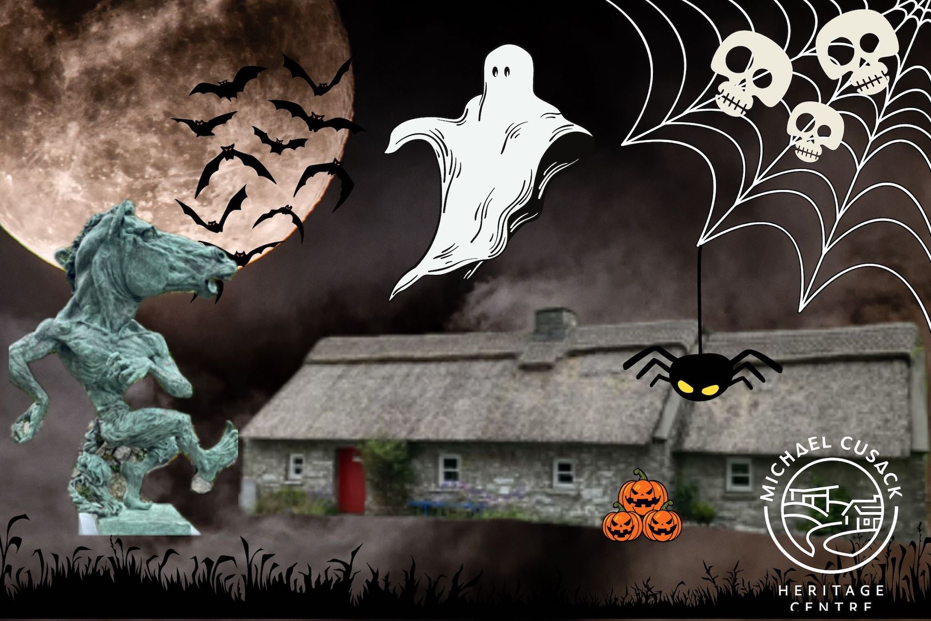 Black and white photo of old thatched cottage at night overlaid with halloween images.
