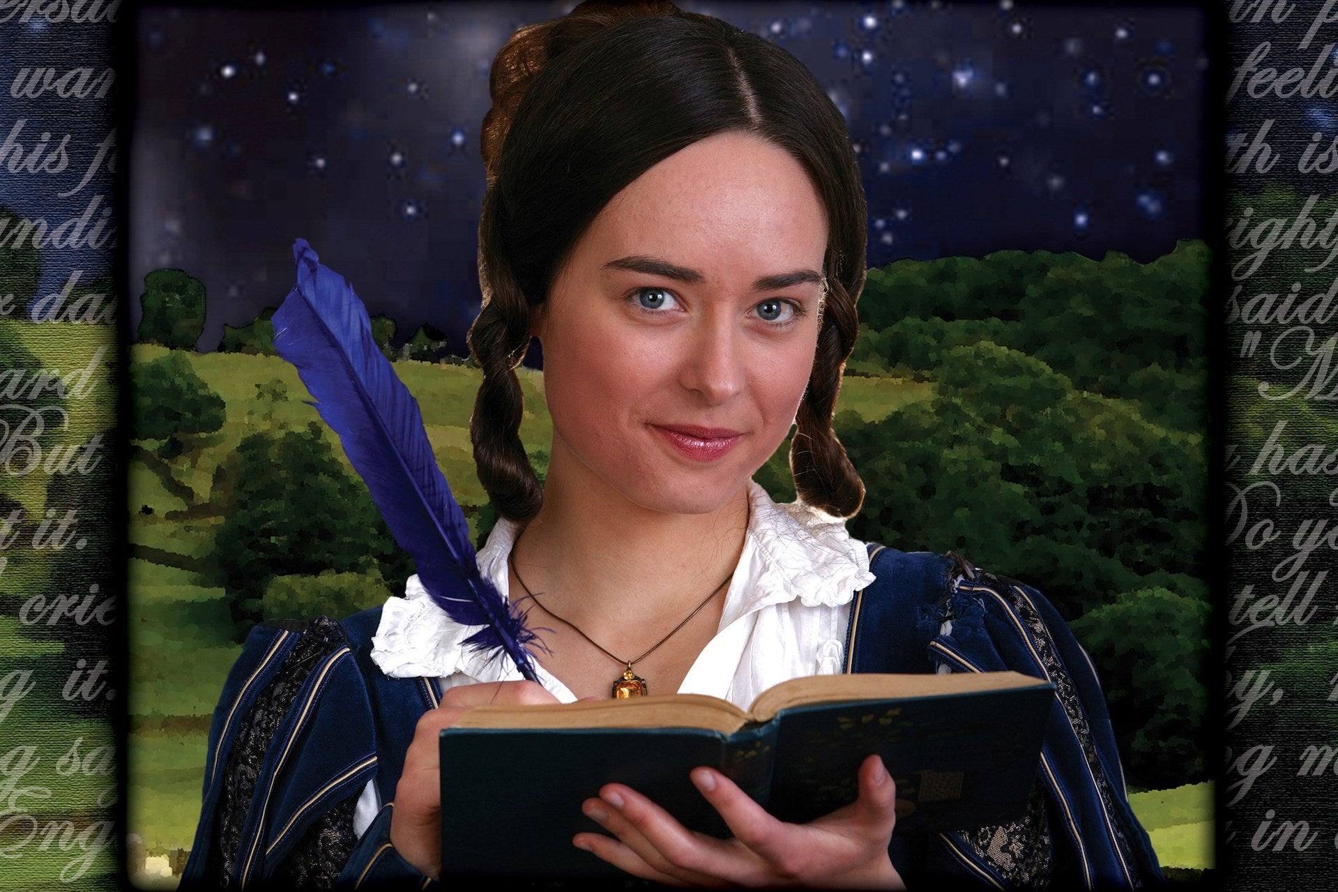 A smiling woman holding up and open book and quill pen.
