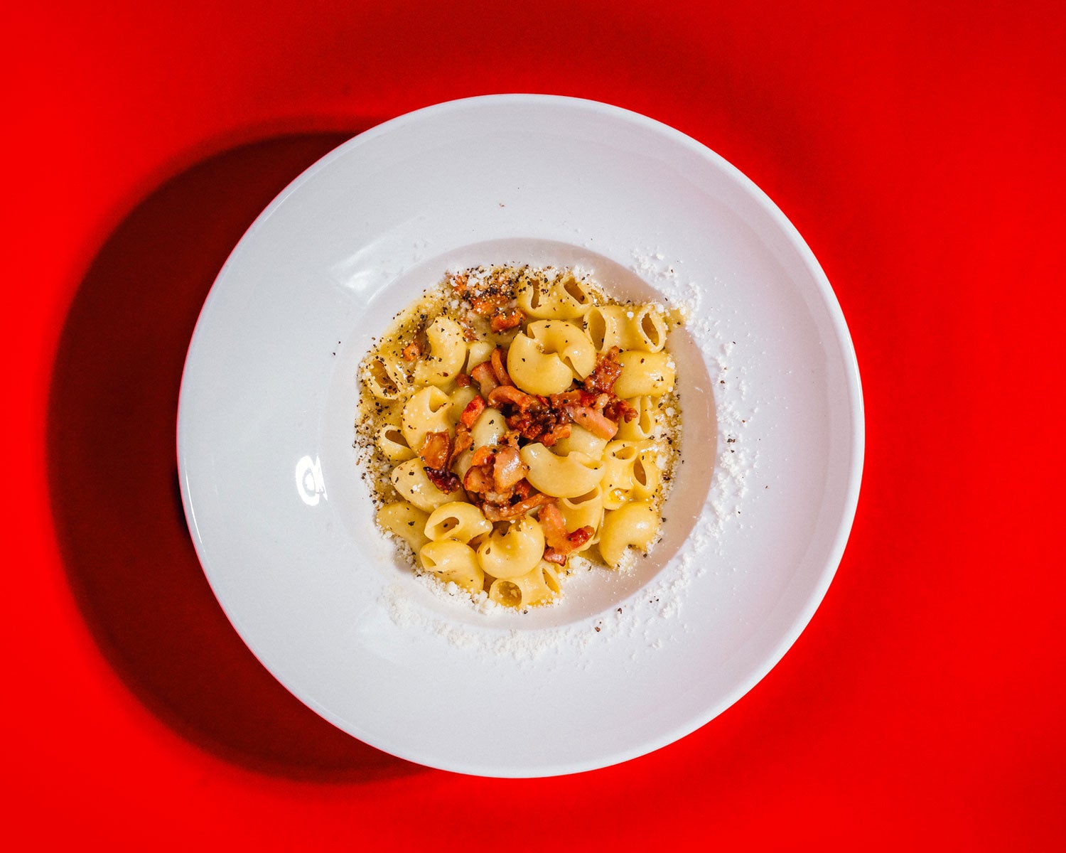 A dish of pasta on a white bowl on a red table cloth at TONI Italian restaurant