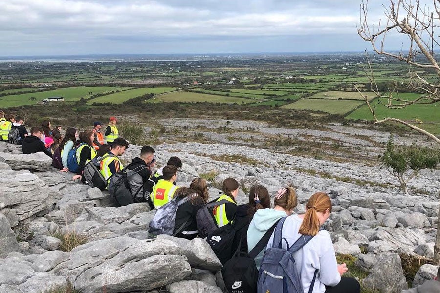 Burren Explore school group and a panoramic view of the valley