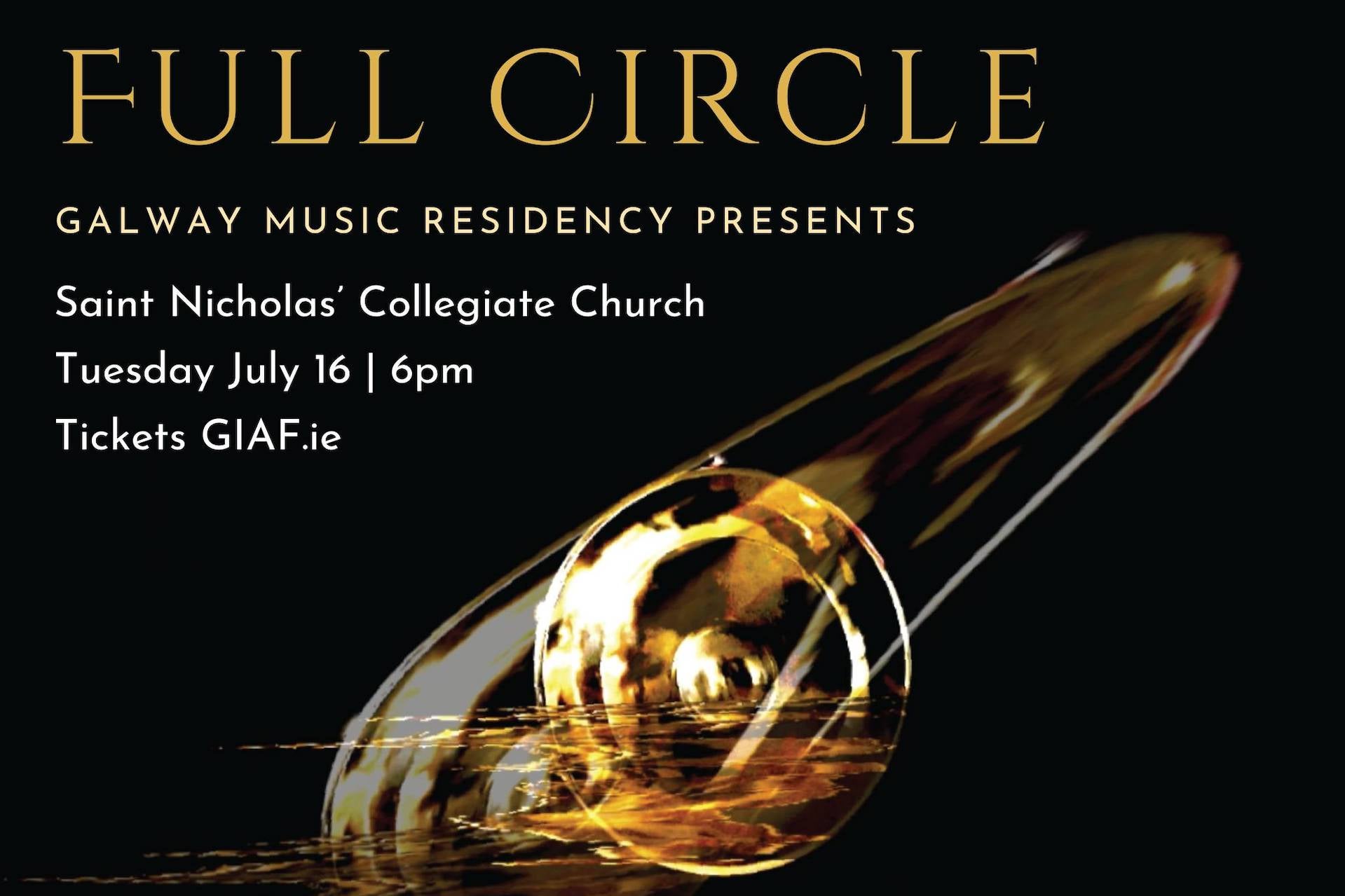 Black background with central image of see through gold object, event text above in pale yellow and grey.