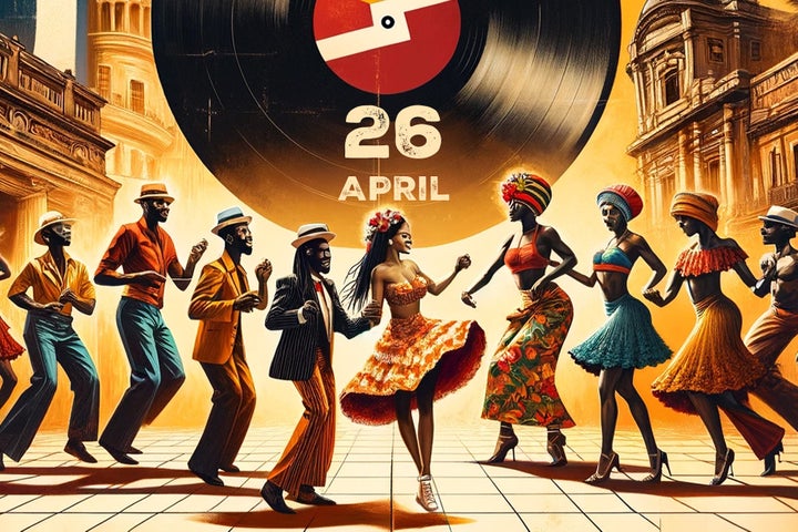 Drawn, colourful image of a line of people dancing facing towards a couple in the middle, all in muted shades of yellow, orange, browns and bluey greens.