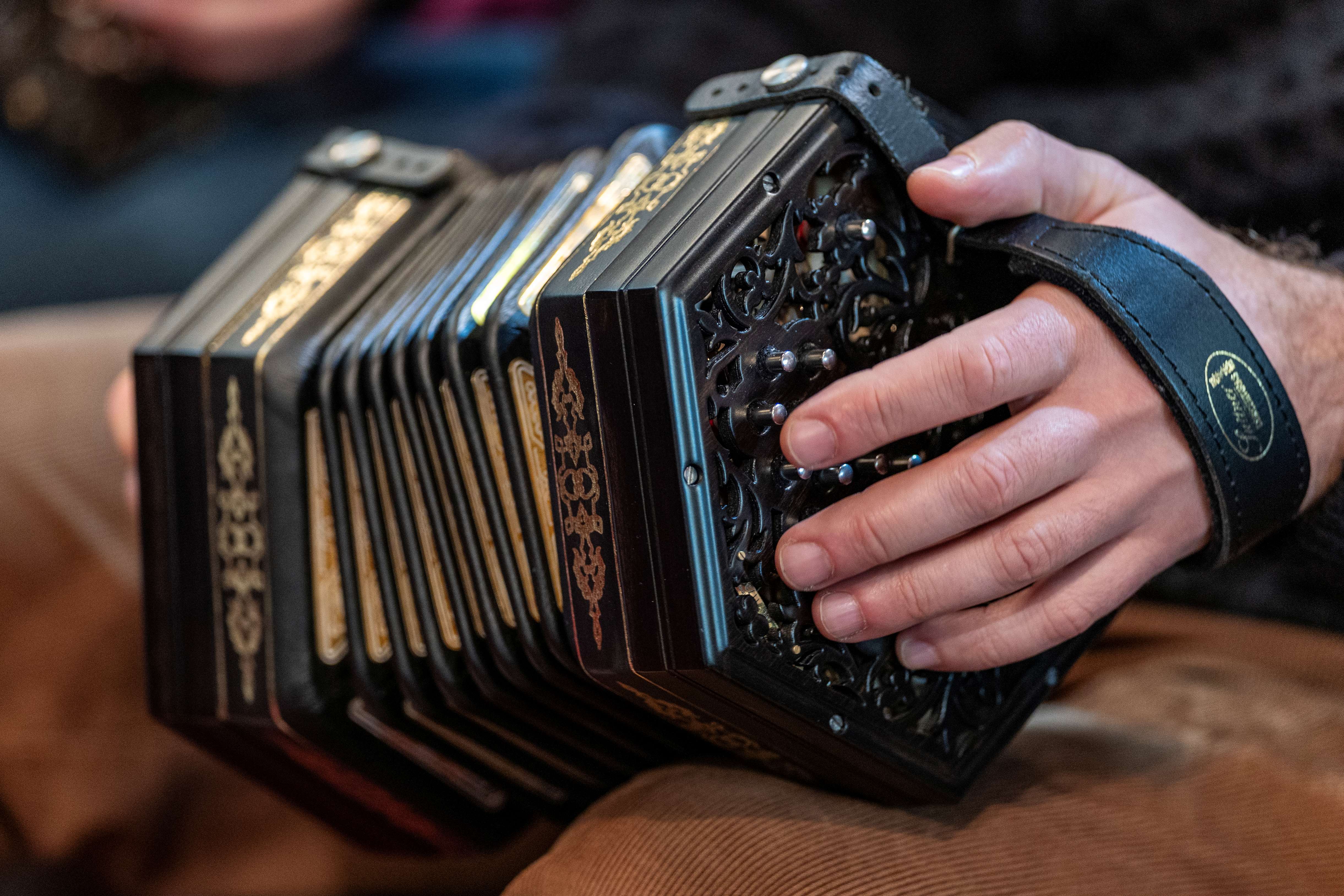 Close up view of pair of hands holding a small, black concertina.