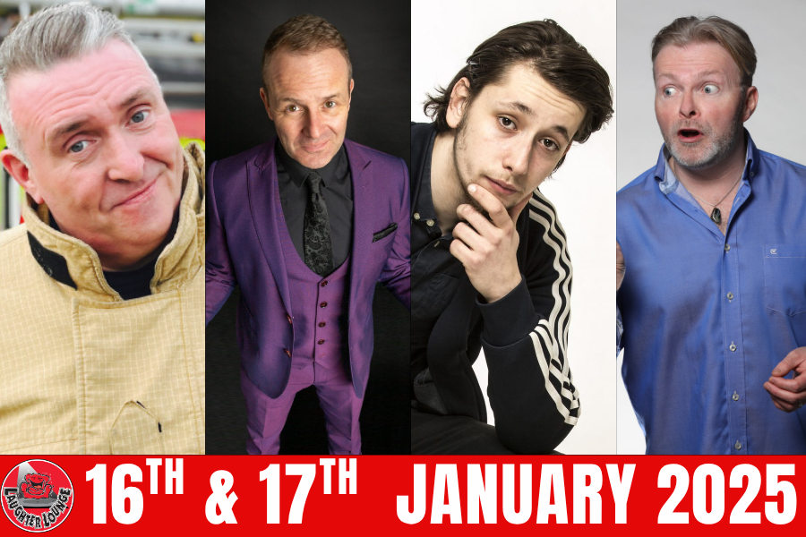 4 different comedians smiling or looking surprised.