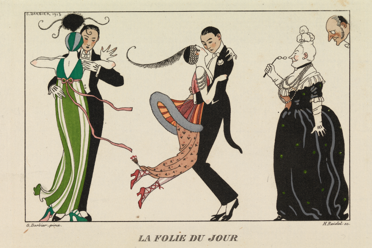 The day’s madness, La Folie du Jour George Barbier, Journal des Dames et des Modes, had drawn image of 2 couple dancing with older woman in big, dark dress looking on through hand held glasses