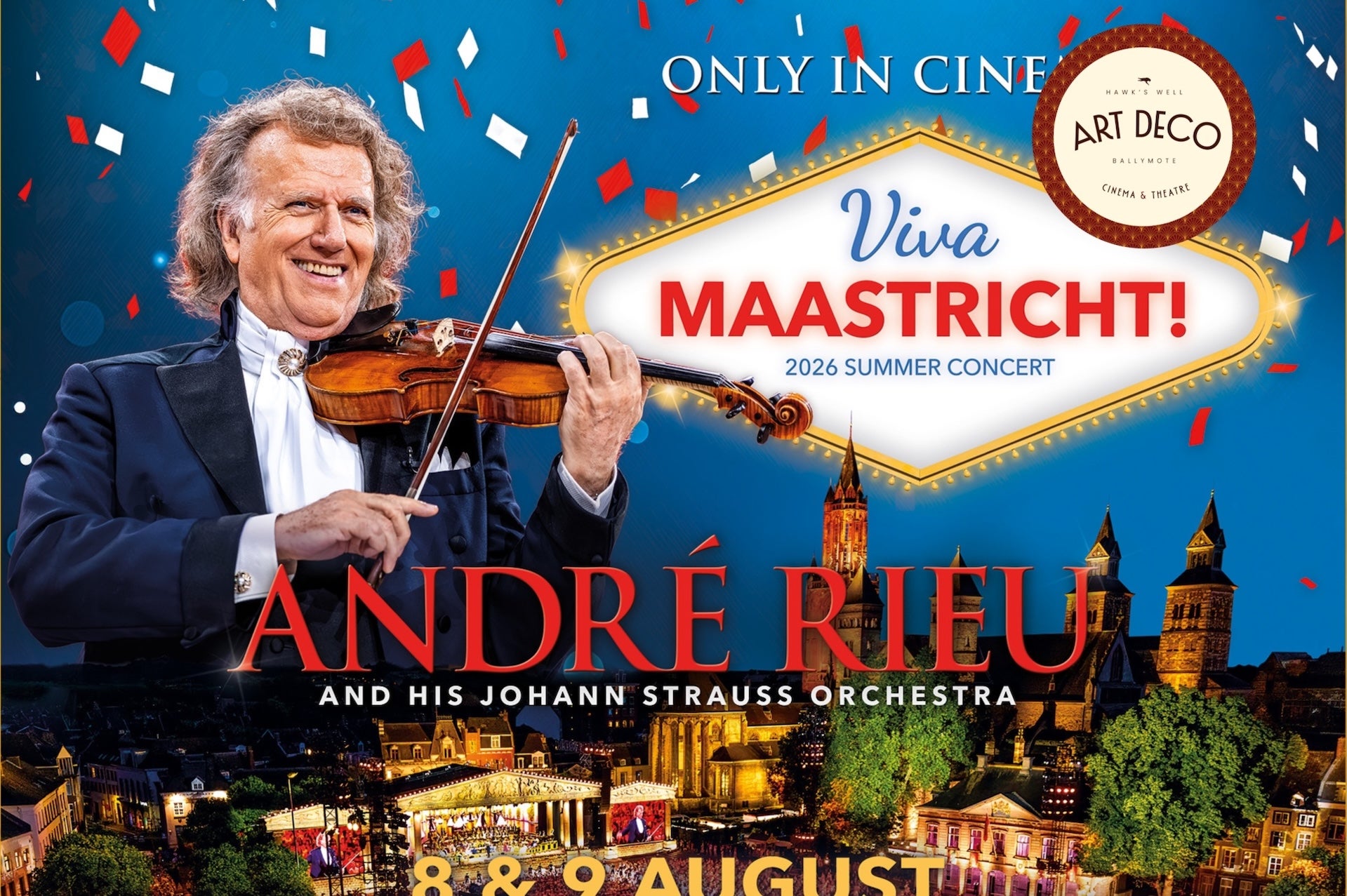 André Rieu's 2026 Summer Concert: Viva Maastricht! poster with smiling man playing a violin