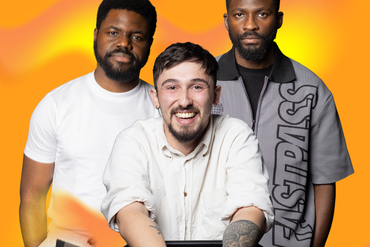 Group of 3 people against bright yellow background.