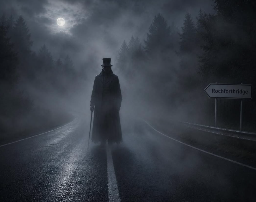 Scary silhouette standing in the middle of the road, fog all around