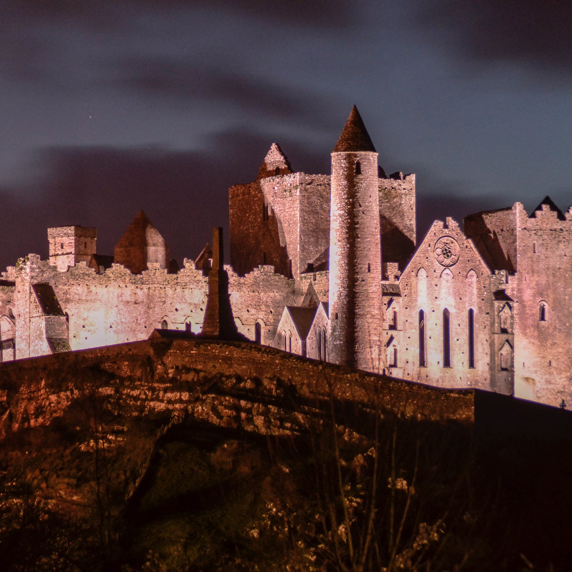 Rock of Cashel lit up at night