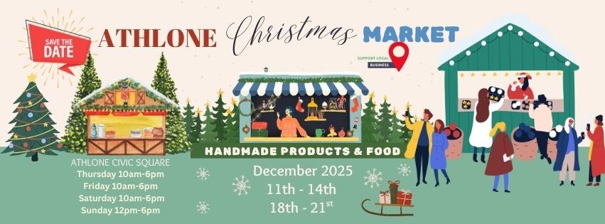 Cartoon type image of small stalls in a market at Christmas with people.