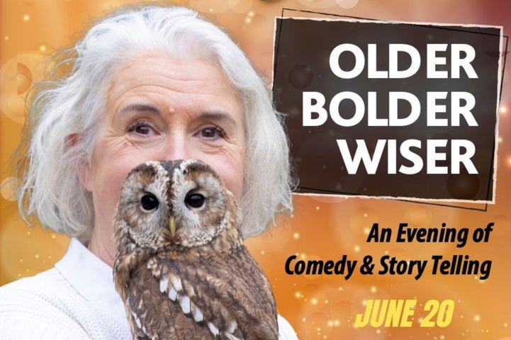 A woman with white hair and shirt, her face partially obscured by a brown owl.