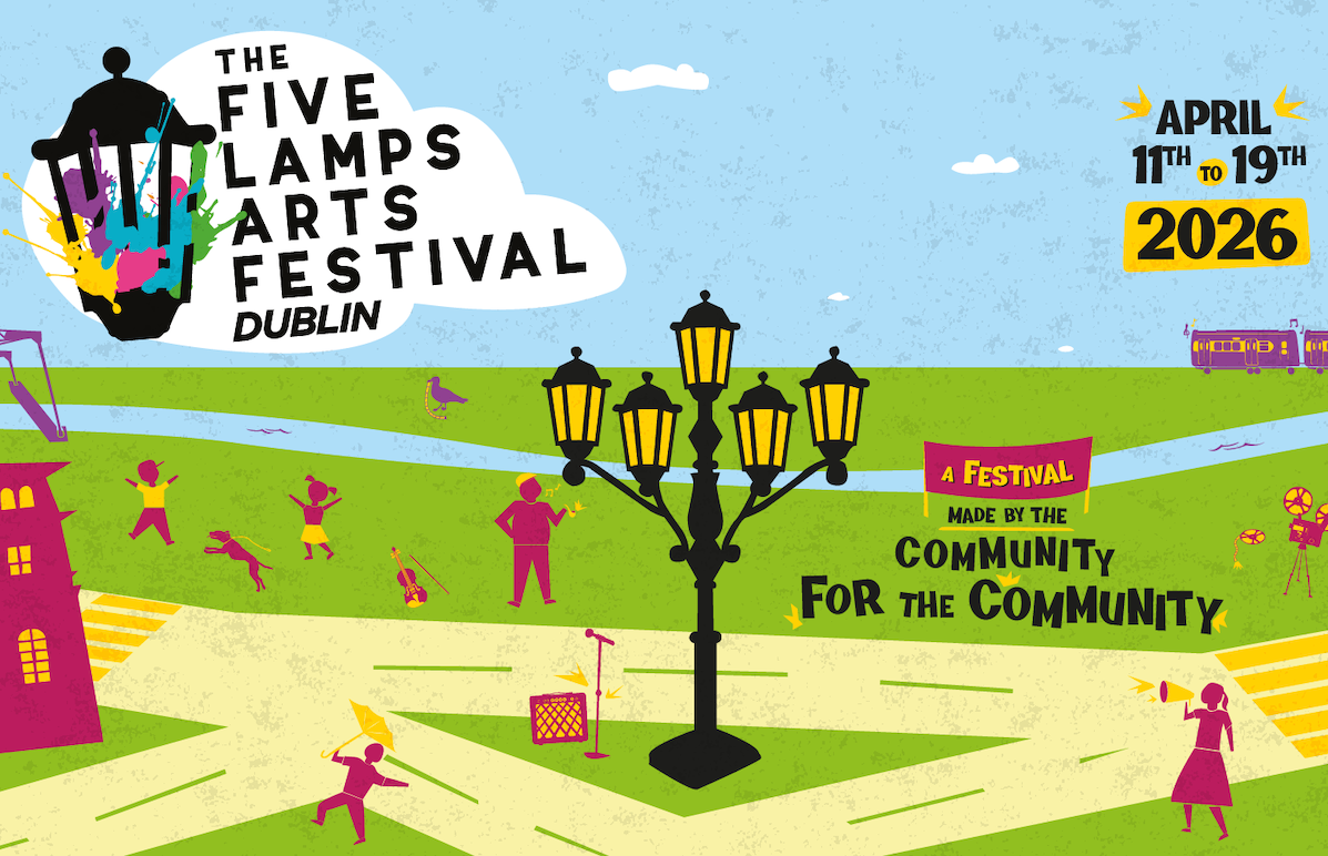 poster advertising the five lamps arts festival poster for 2026. featuring a grassy field illustration with yellow pathways leading to the Five Lamps lamp post, the sky is blue with the festivals name written on a cloud
