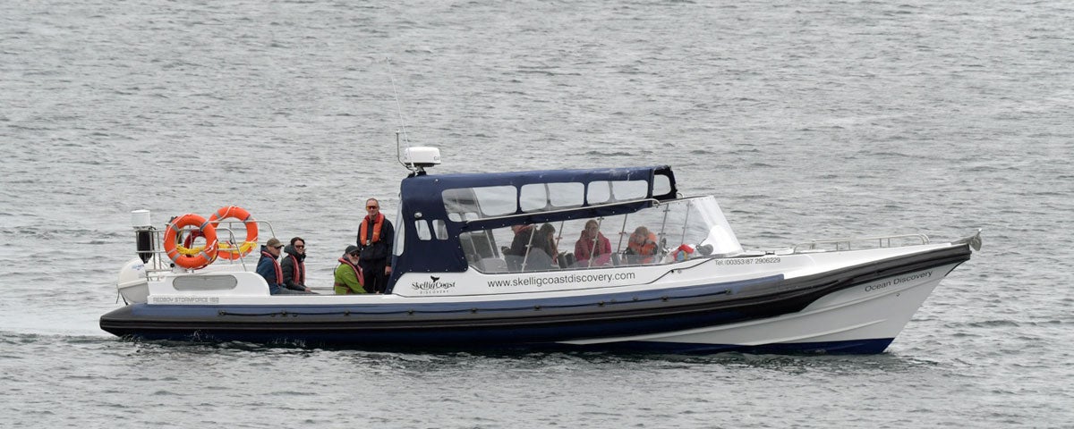 The Skellig Coast Discovery boat out on the sea with passengers