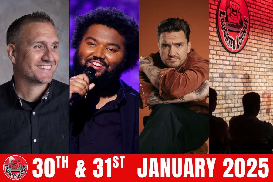 3 different comedians and 4th picture of round venue logo on a yellow brick wall