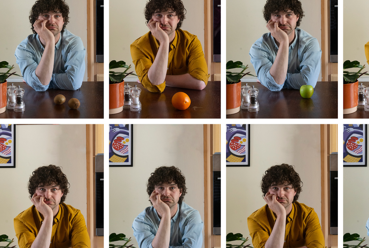 First Fortnight, He Dies in the End, repeated photo of man seated resting his chin on one raised arm.