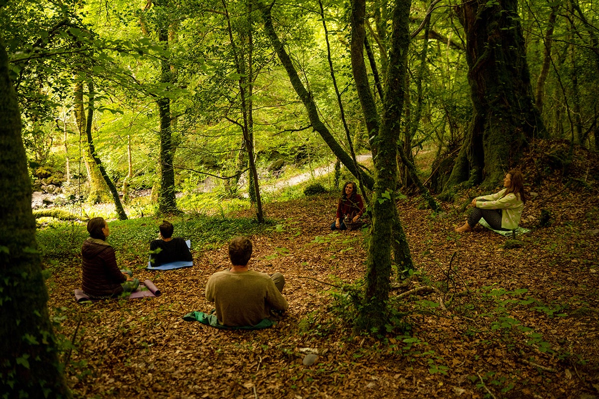 A group of people sitting on the ground in a circle in a forest