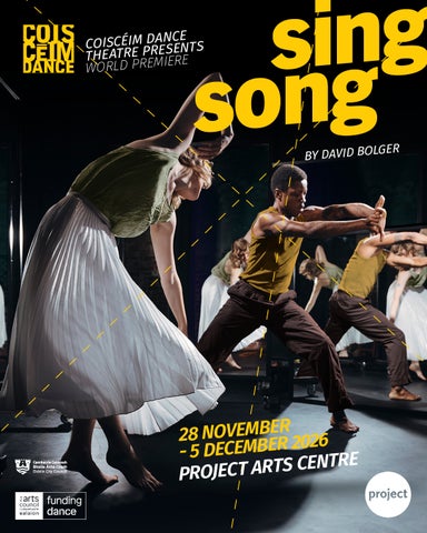 Two figures dance in a space with mirrors behind them creating other reflected figures. Bright yellow text reads 'SING SONG by David Bolger' with performance dates and location listed below in yellow text.