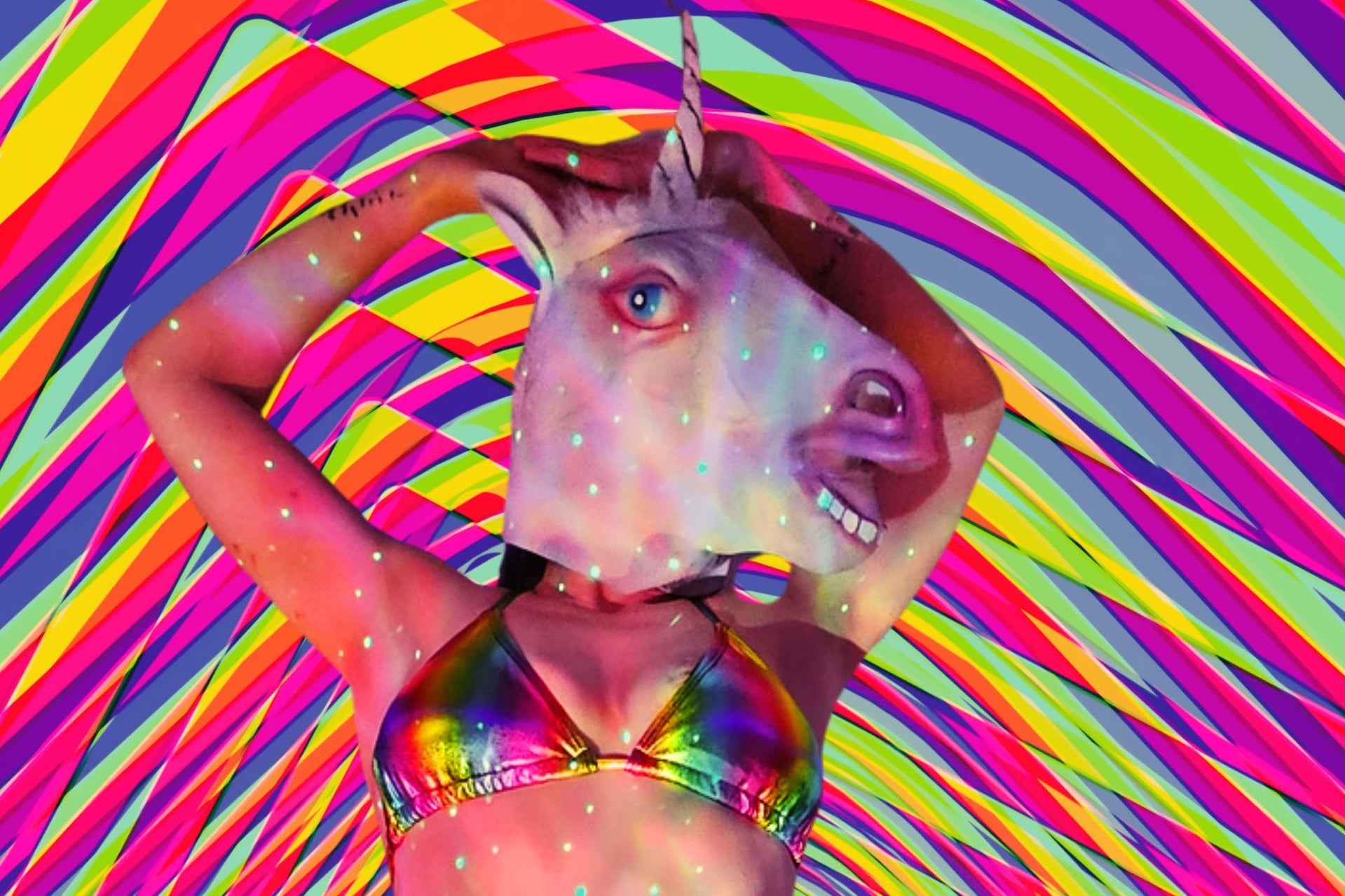 Alice Robinson - Shapeshifting, a person with an animal's head against bright multicoloured stripy background.