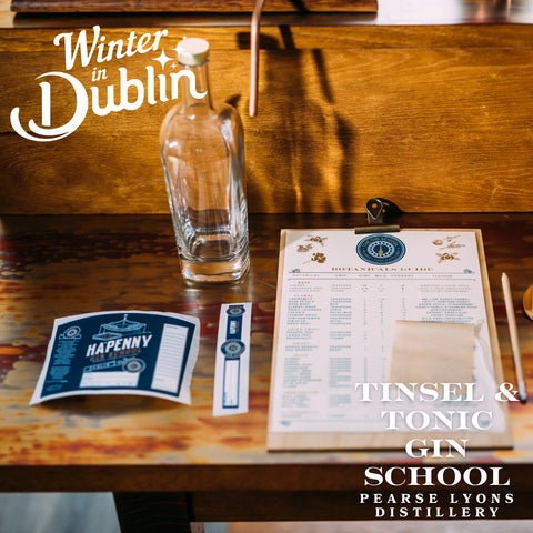 The Gin School set up with worksheet, bottle, label & copper pot still.