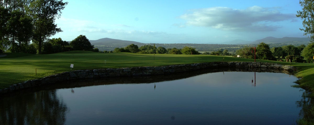 A golf course beside a pond
