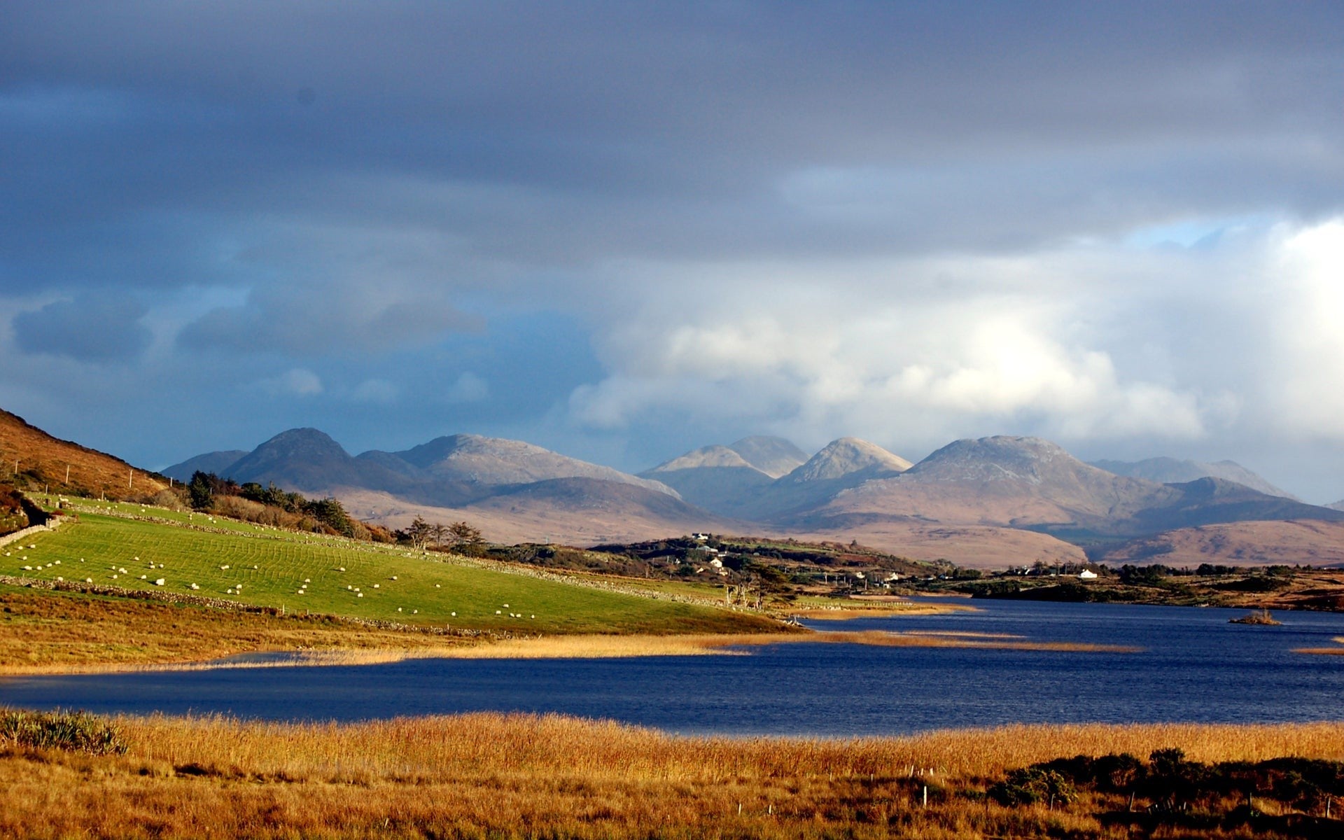 An image of Connemara lakes with the Twelve Bens Mountain Range in the background