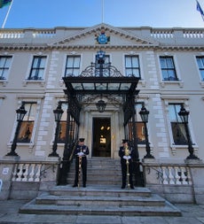 City officials bear the ceremonial mace and sword of state on the steps of the Mansion House, official residence of Dublin's Lord Mayor—a symbol of civic tradition in the city Frederick Douglass came to know during his 1845 visit.