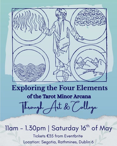 Part of poster for Tarot & Collage workshop with hand draw figure in a robe surrounded by 4 circular forms.