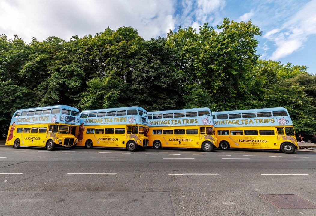 Four Vintage Tea Trips double decker buses lined up beside a tree lined road