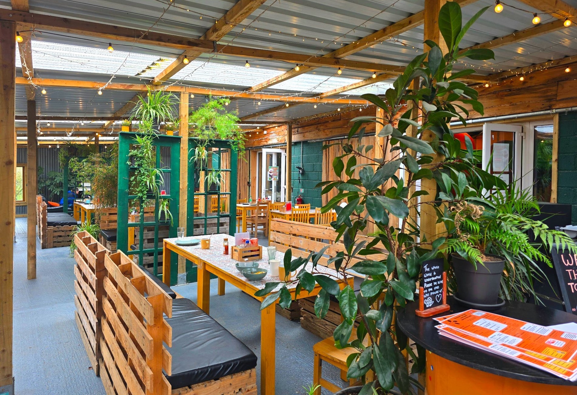 Inside a café with wooden tables and chairs and tall green plants placed around them