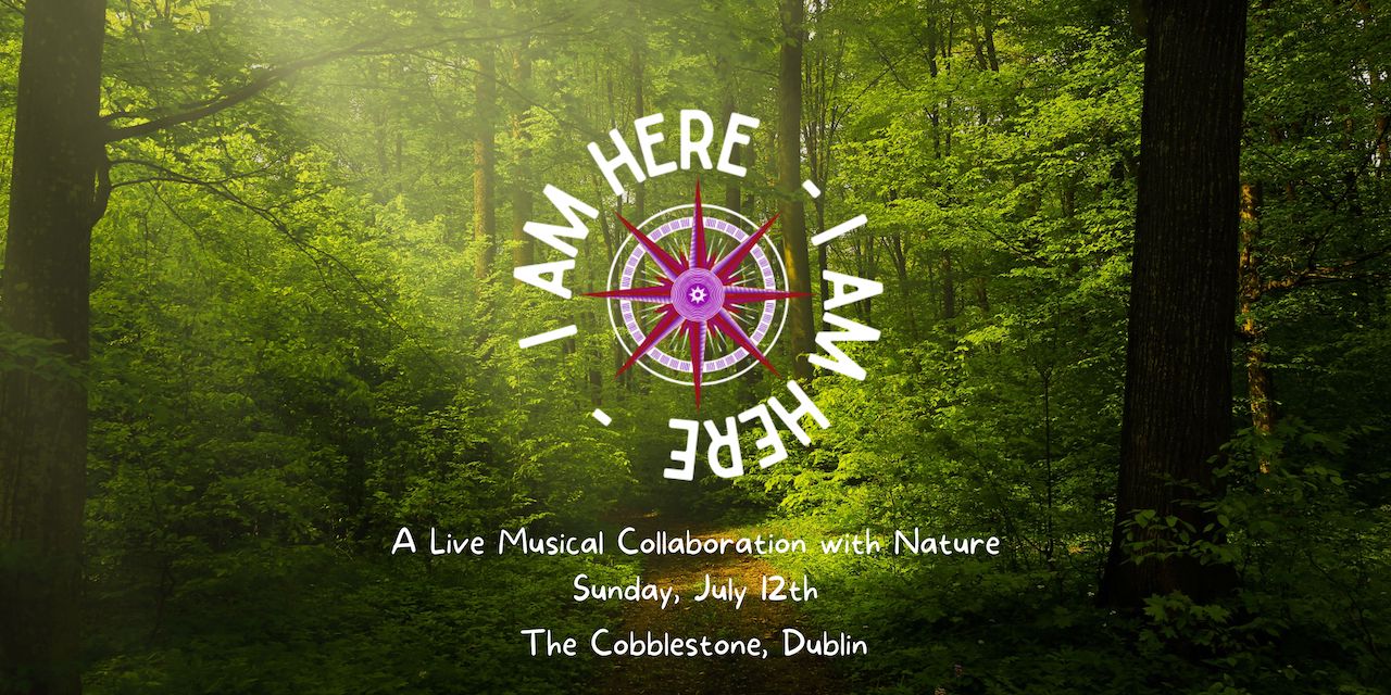 Forest background with 'I Am Here' logo and compass image, featuring event details.