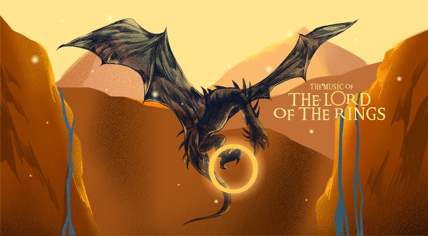 Music of the Lord of the Rings, cartoon type picture of a black, slim dragon in flight holding a large shiny gold ring in its claws.