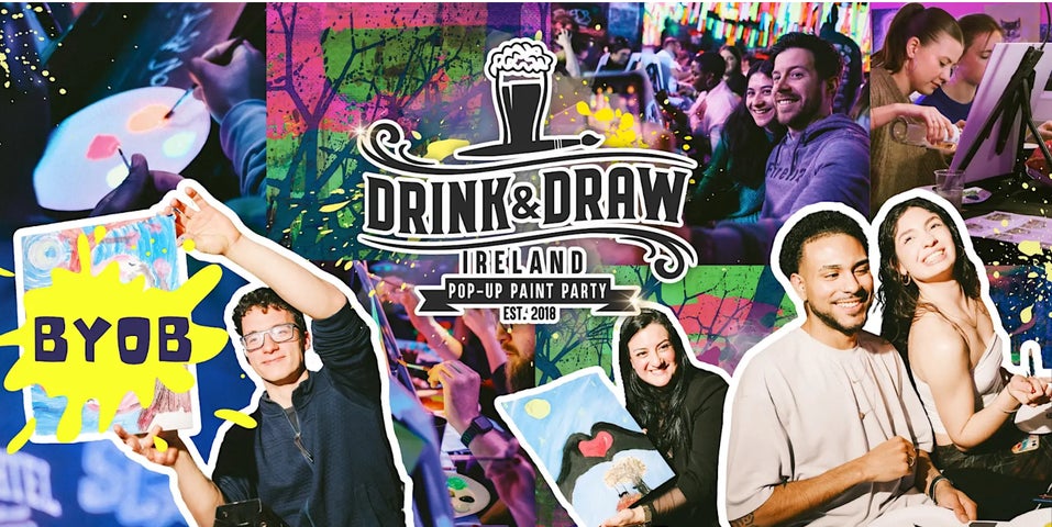 Poster with different groups of smiling people painting or holding up art works they have made.