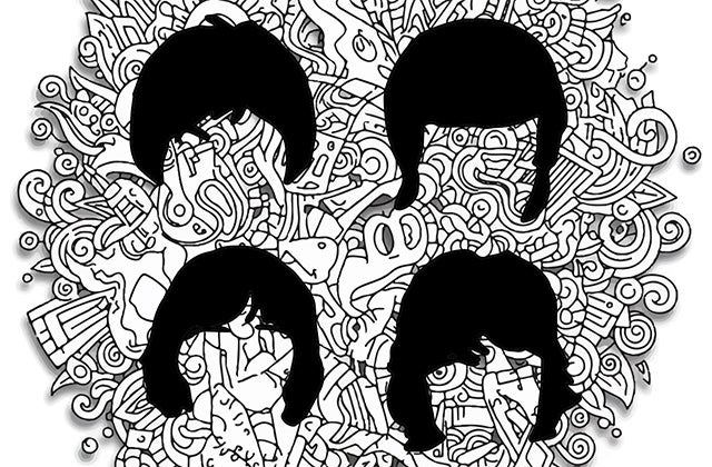 The Classic Beatles, Revolver & More Tour 2026 - black and white patterned background overlaid with outline of 4 heads of hair in black