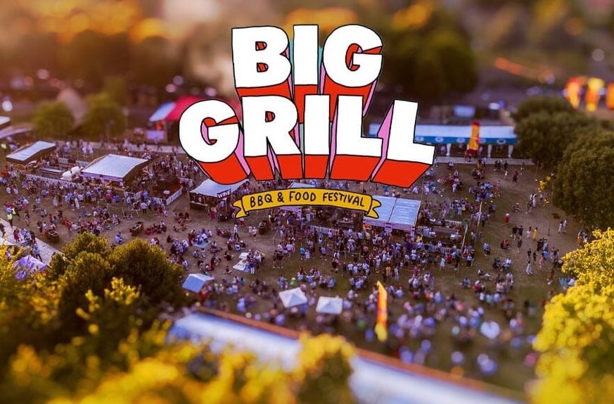 Distant overhead view of festival site with various size tents and marquees and a large crowd.