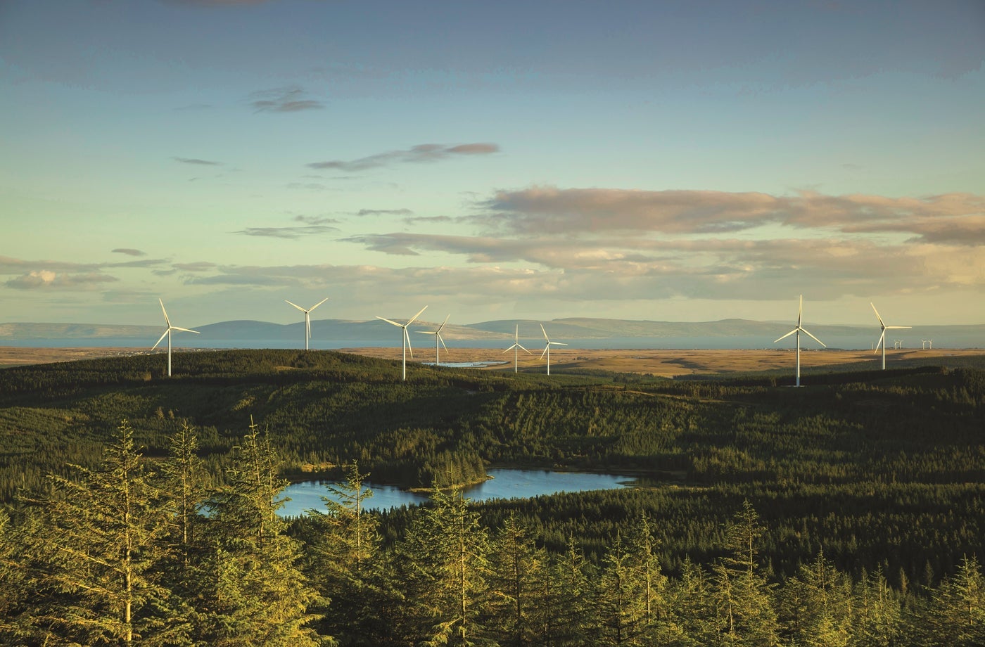 An aerial view of wind turbines in a wind farm surrounded by trees