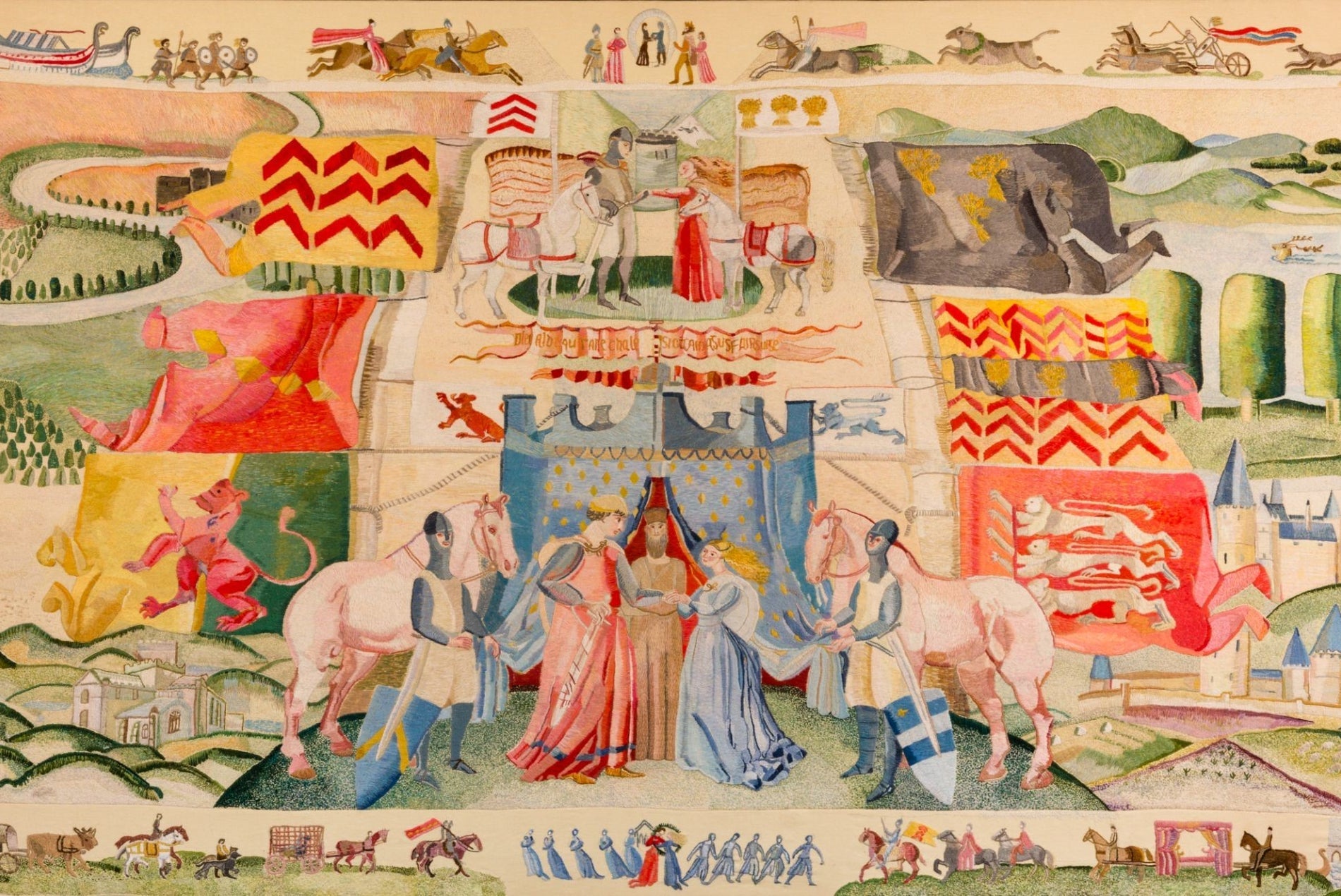 Tapestry showing a wedding scene with a castle behind three people
