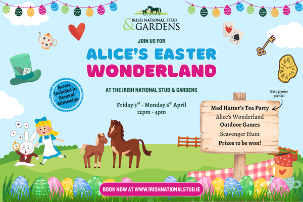 Cartoon style poster for Alice's Easter Wonderland at Irish National Stud with horses, eggs and Alice in Wonderland items