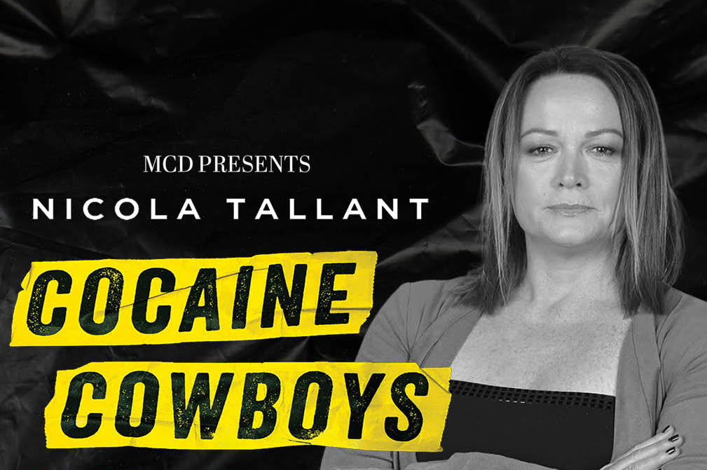 Black and white photo of a woman with crossed arms looking slightly bemused, against plain, dark background with yellow hightlighted event text to the left.