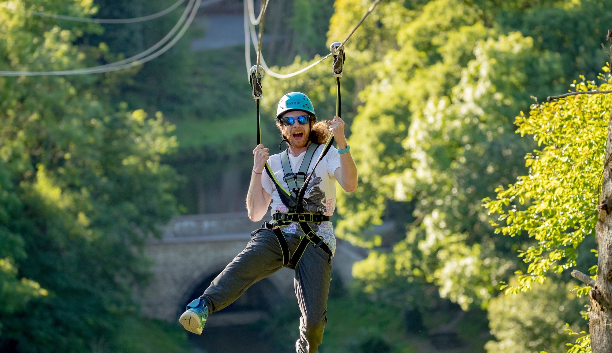 A person ziplining at Castlecomer Discovery Park, Co Kilkenny