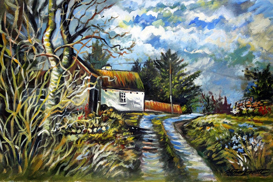 A painting depicting a rural Irish cottage in the countryside